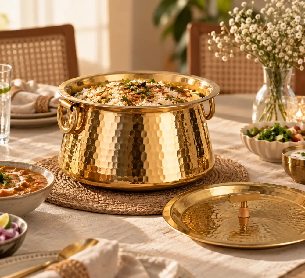 Degchi on a laid table with food and brass plates