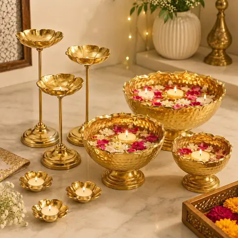 The urli bowls and stands filled with flowers on a marble floor