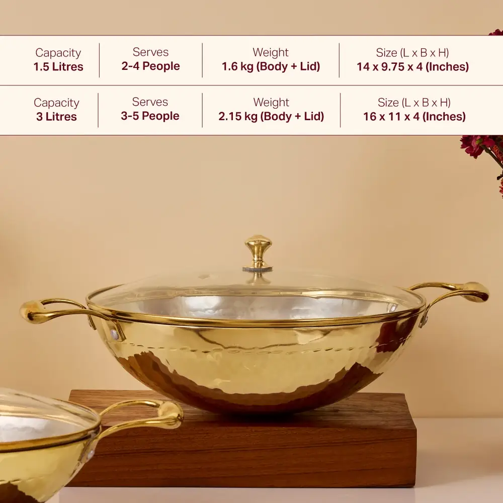 The kadhai on a wooden board with a size strip across the top