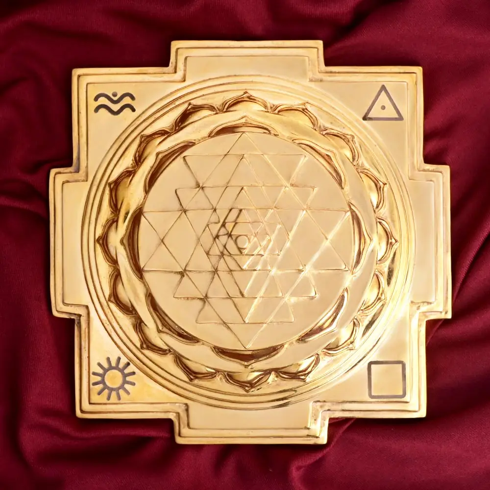 Top view of the Shree Yantra pattern with symbols at the corners
