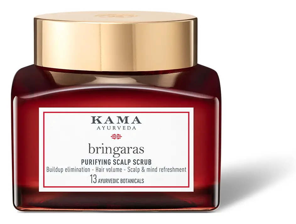 Red glass jar of Bringaras Purifying Scalp Scrub with a gold lid