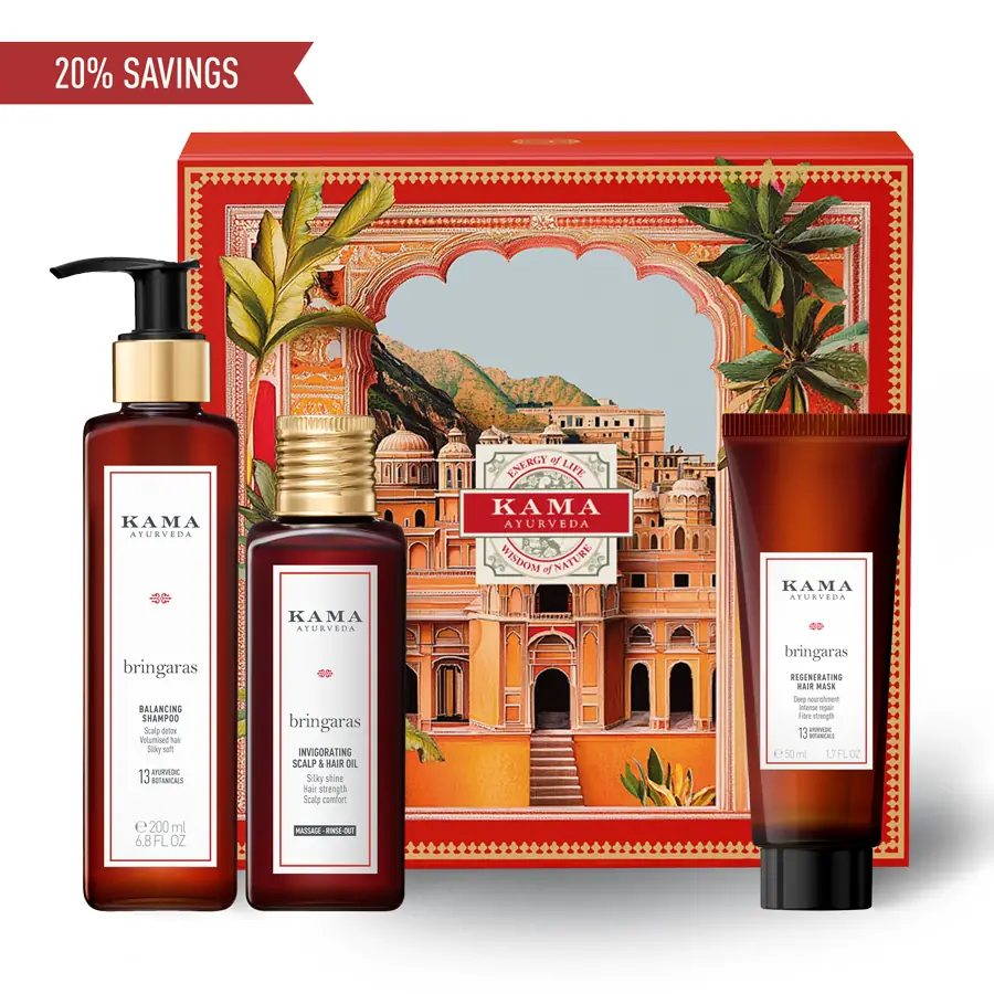 Boxed Bringaras hair-oiling set with the three products beside it