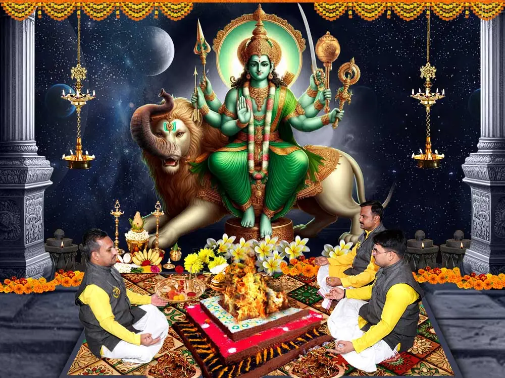 Illustration of the deity with priests at a puja, not a photograph