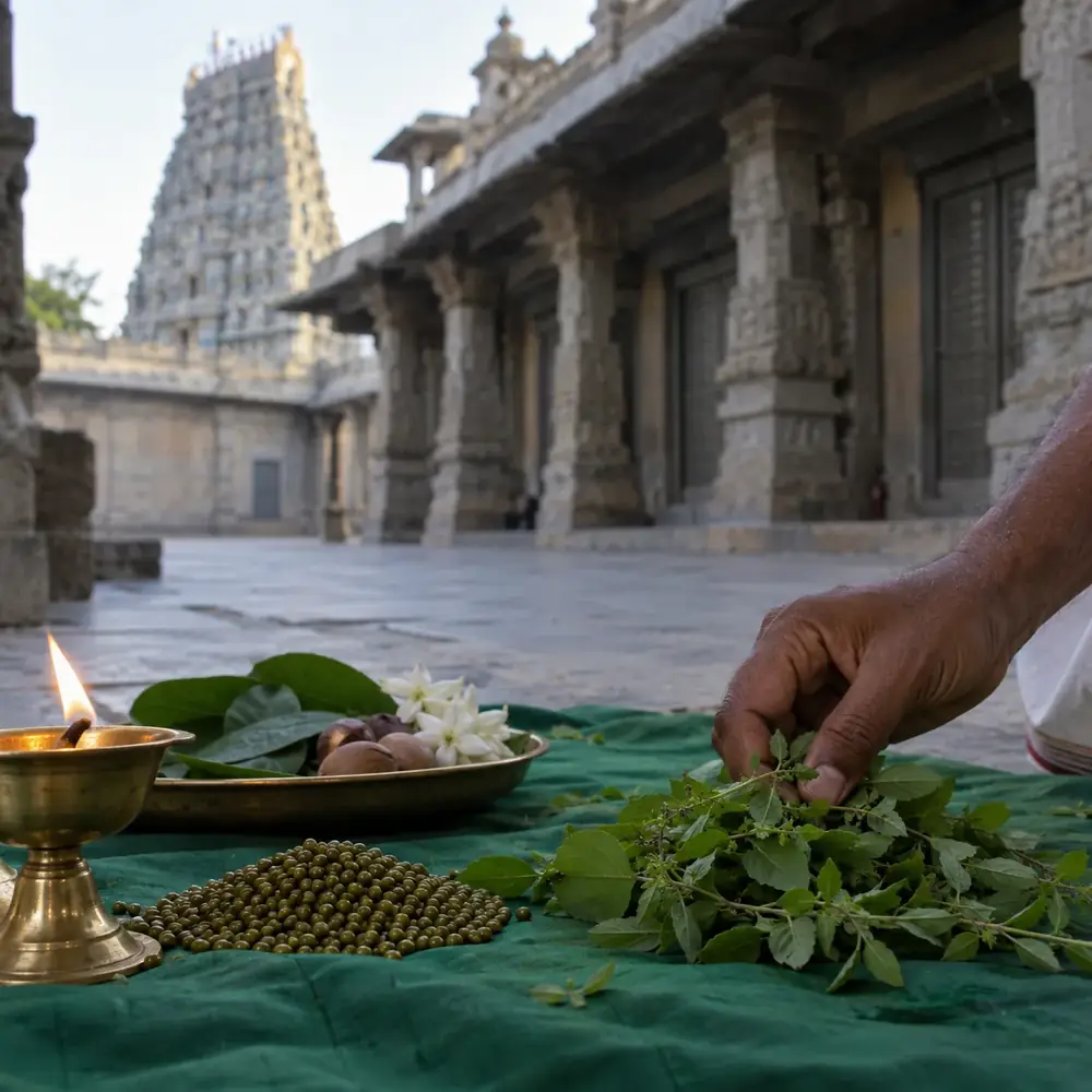 Hand offering green leaves beside a lamp near a temple, an illustration for the archana