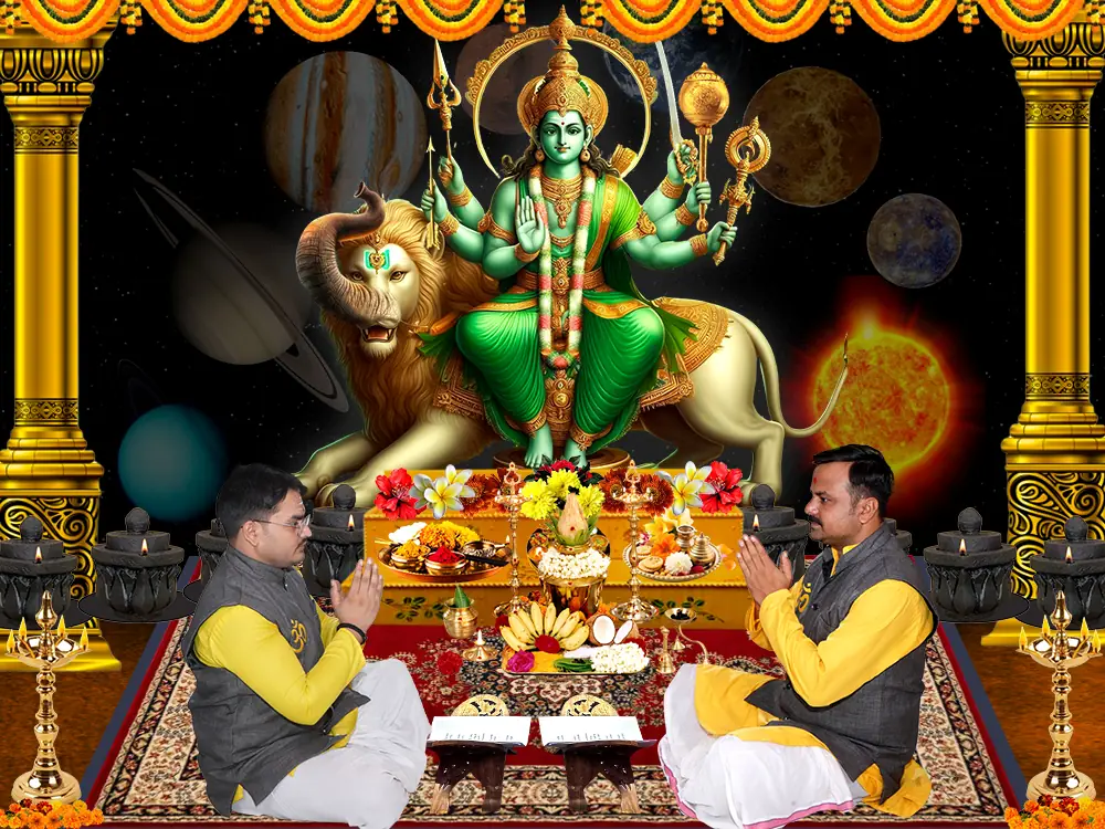 Illustration of Budha with two priests seated at a puja, not a photograph