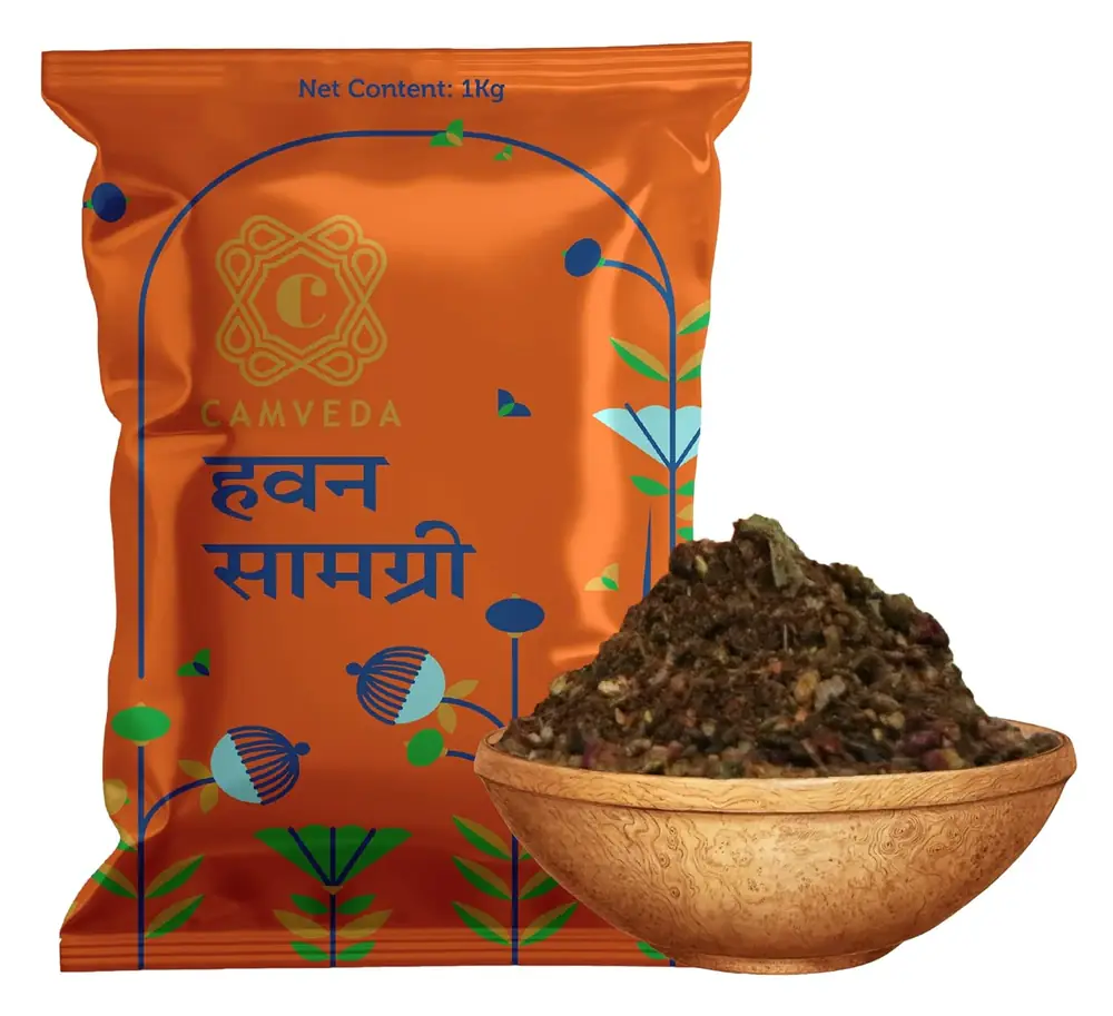 Orange pouch of Camveda hawan samagri beside a bowl of the mixture
