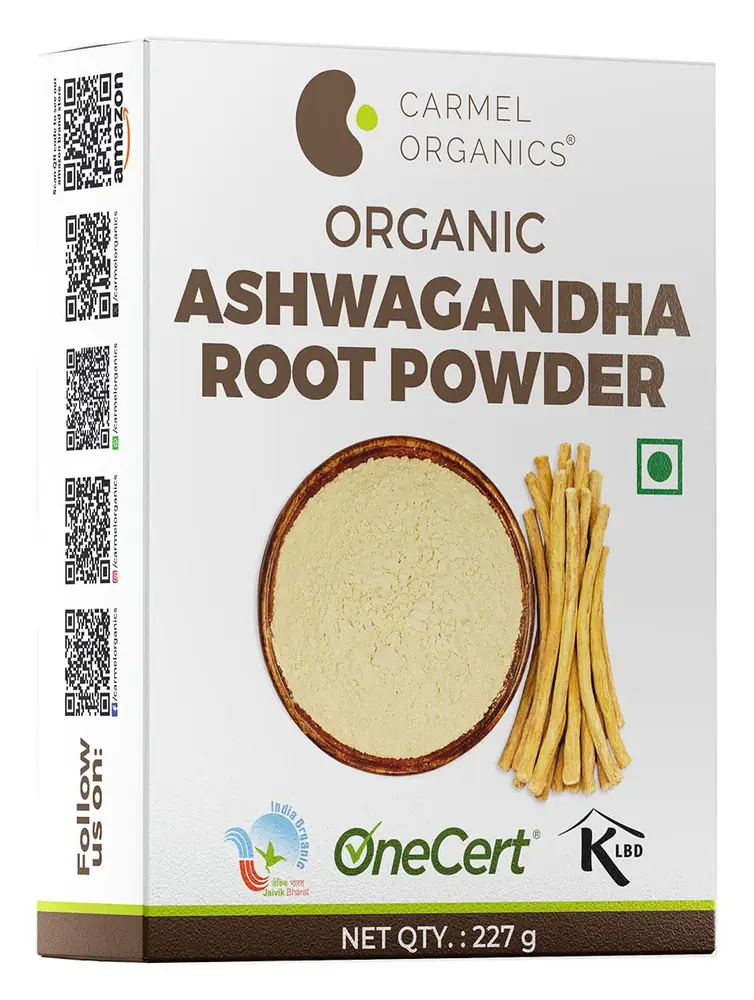 Front of the Carmel Organics Ashwagandha root powder box