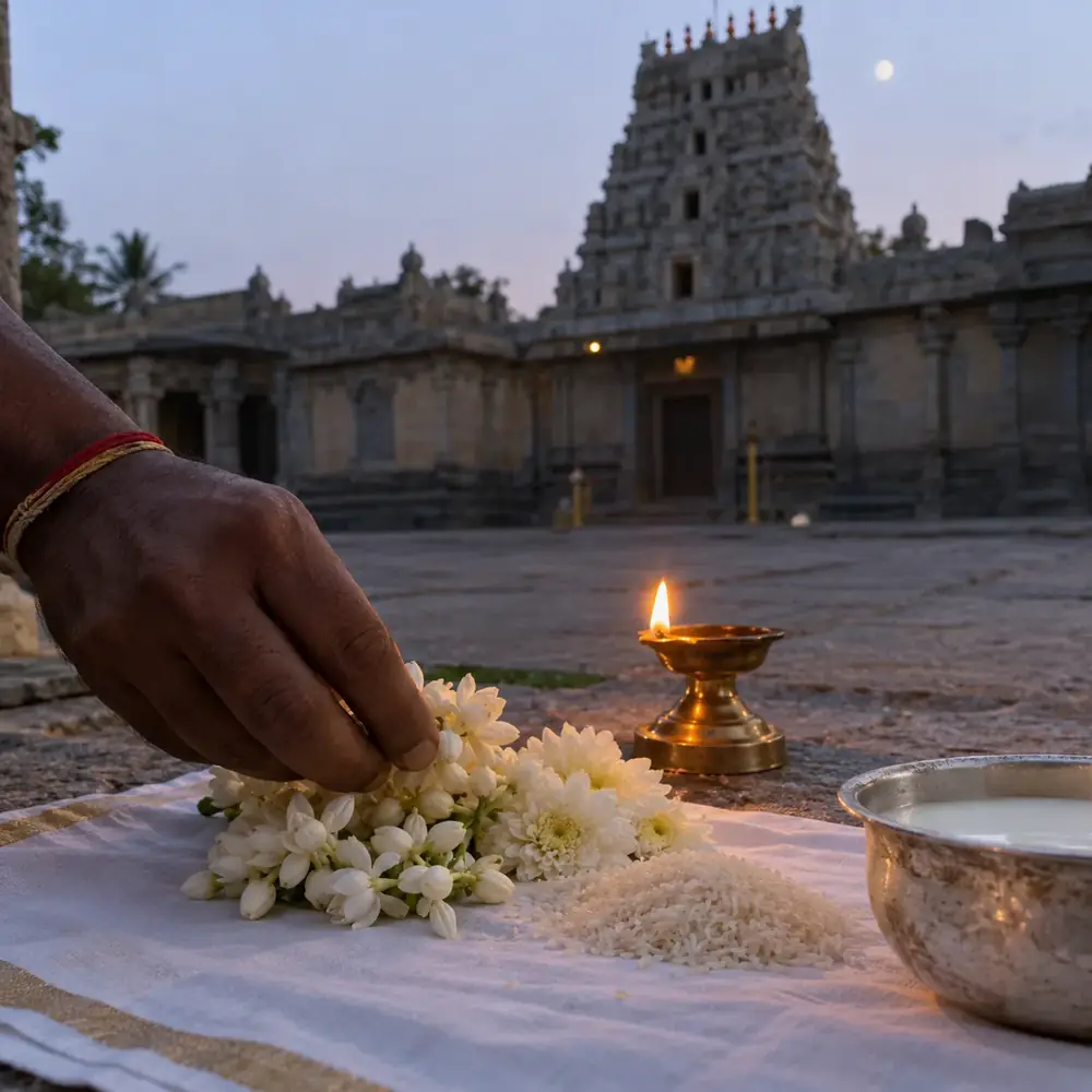 Hand placing white flowers beside a lamp in front of a temple, an illustration for the archana