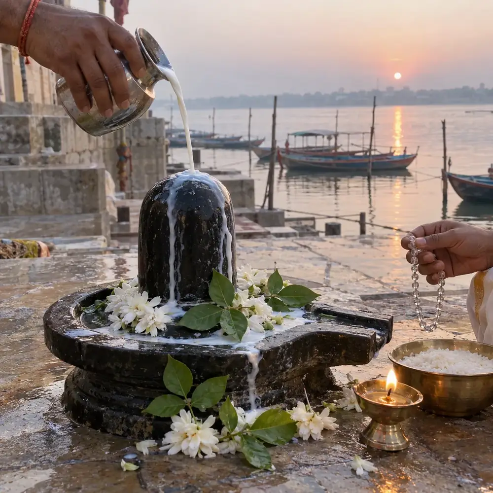 Milk being poured over a Shivling beside a river, an illustration for the abhishek