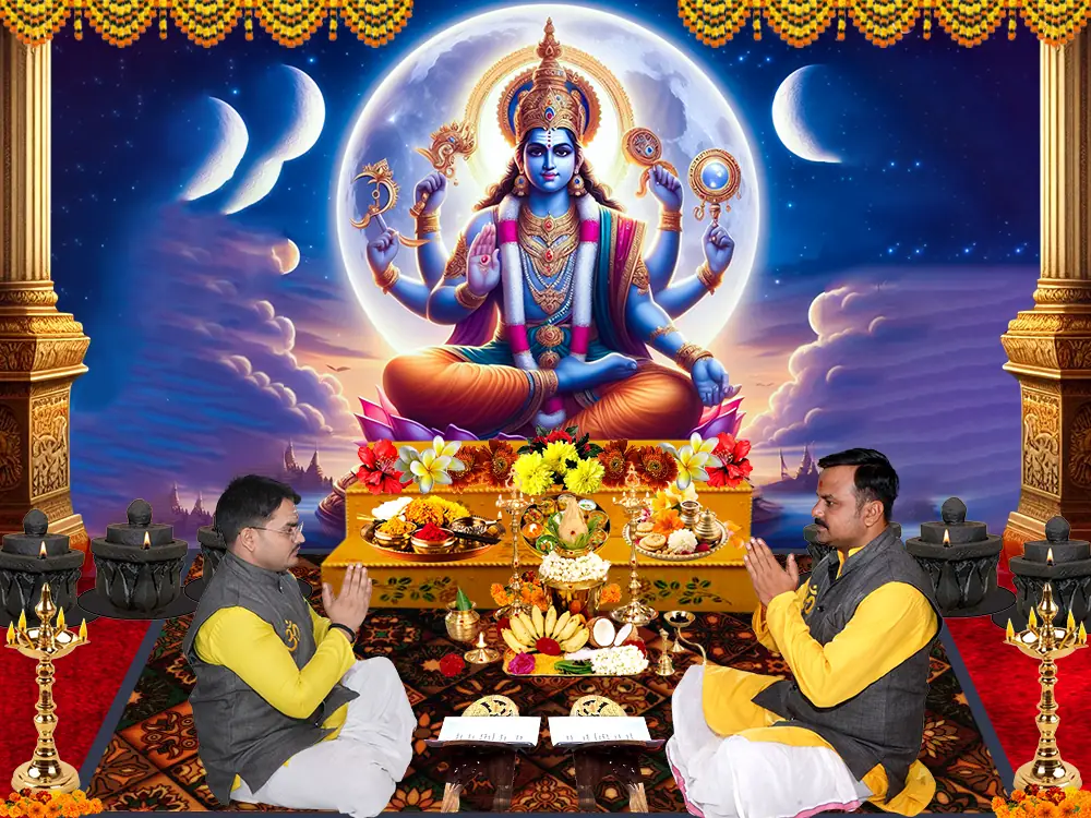 Illustration of Chandra with two priests seated at a puja, not a photograph