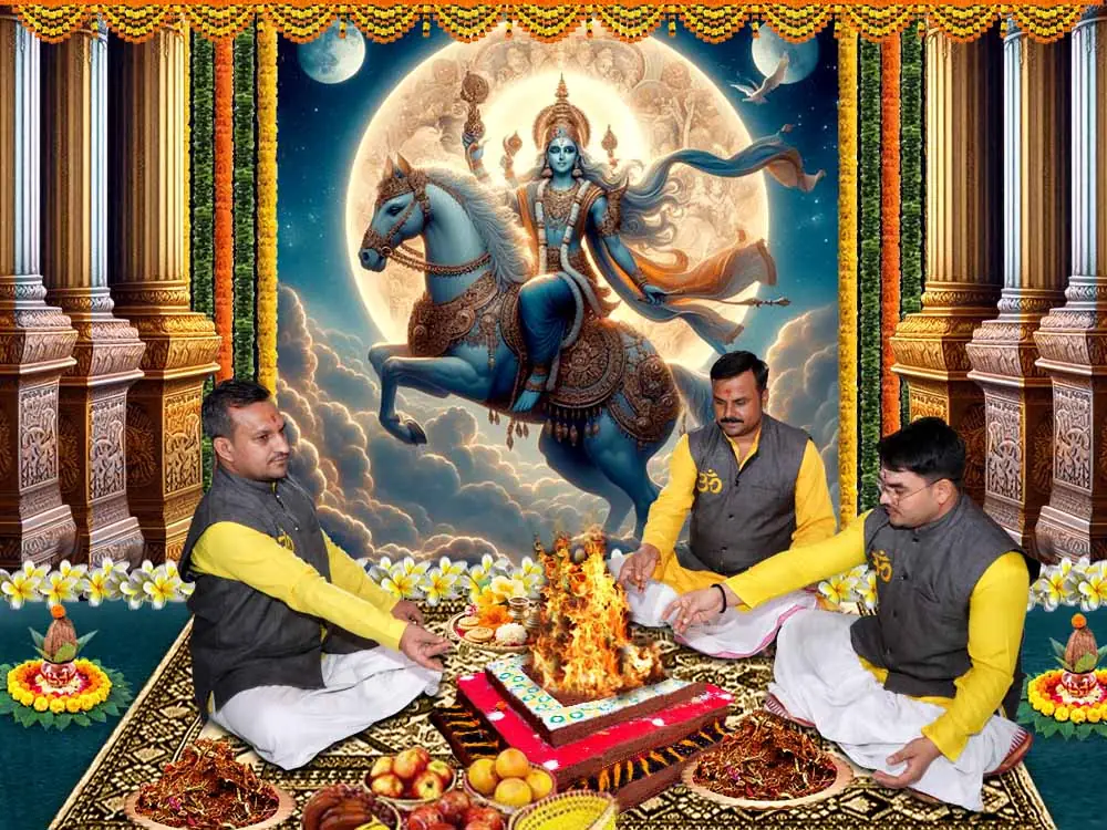 Illustration of Chandra with priests seated at a havan below