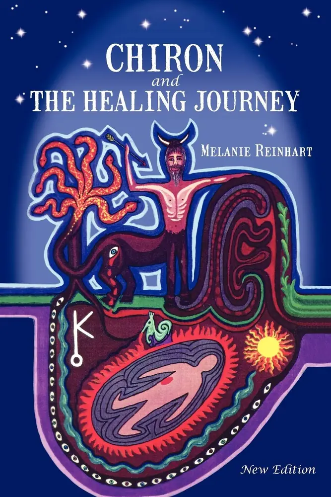 Front cover of the Chiron book by Melanie Reinhart, blue with a red and orange figure design
