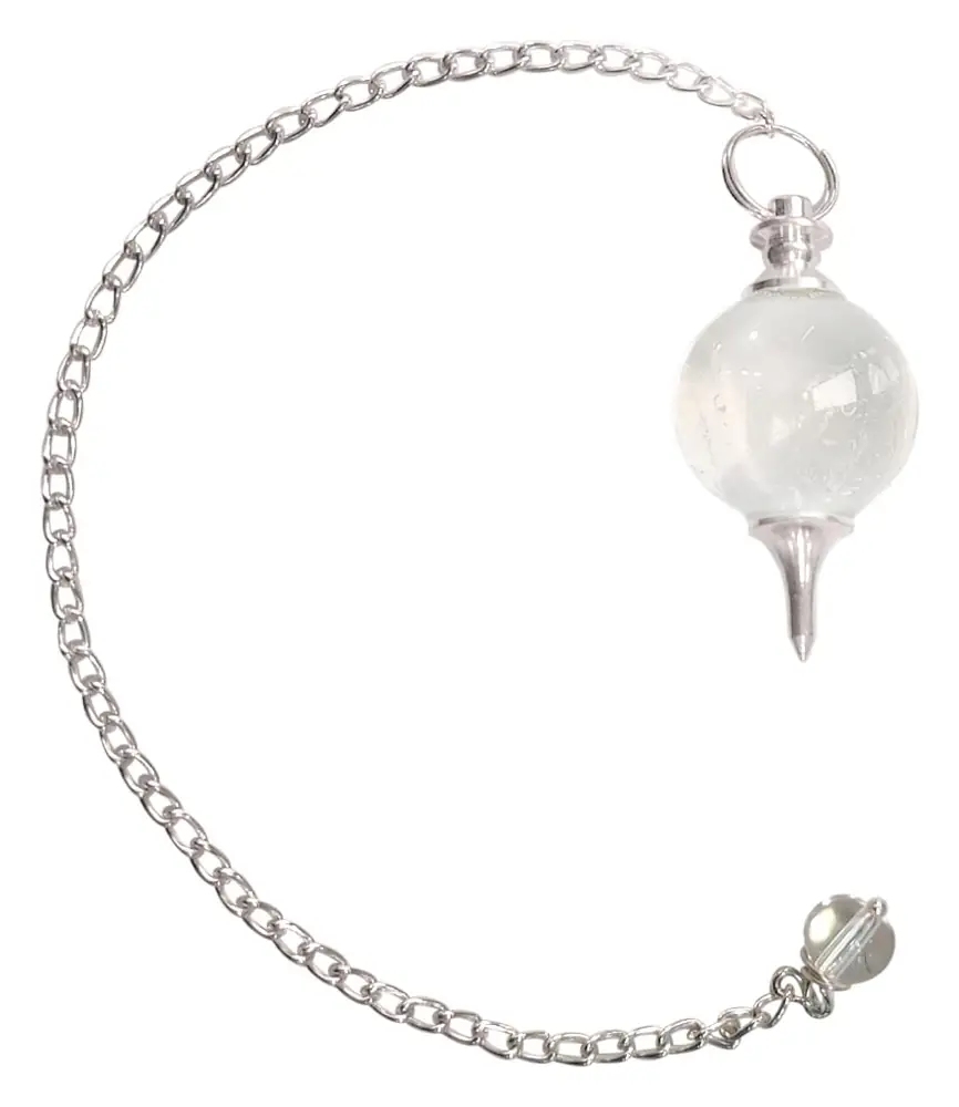 Clear quartz ball pendulum on a silver chain, on white