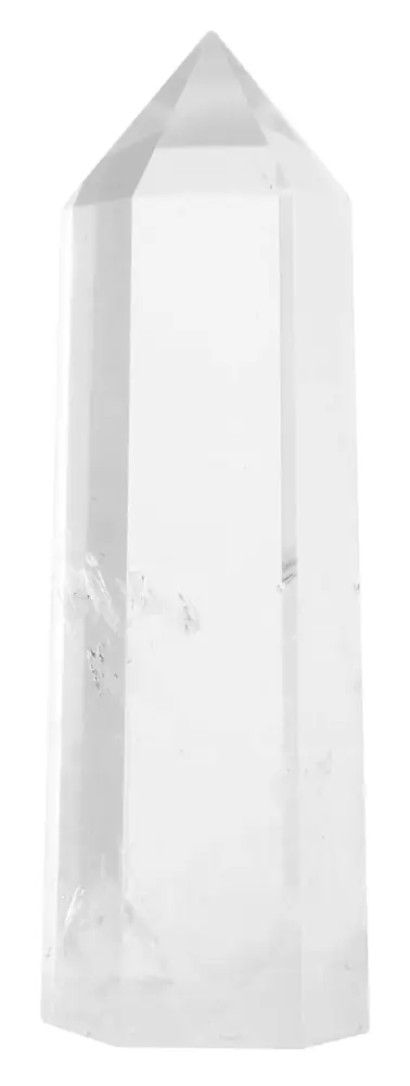 A polished clear quartz wand on a white ground
