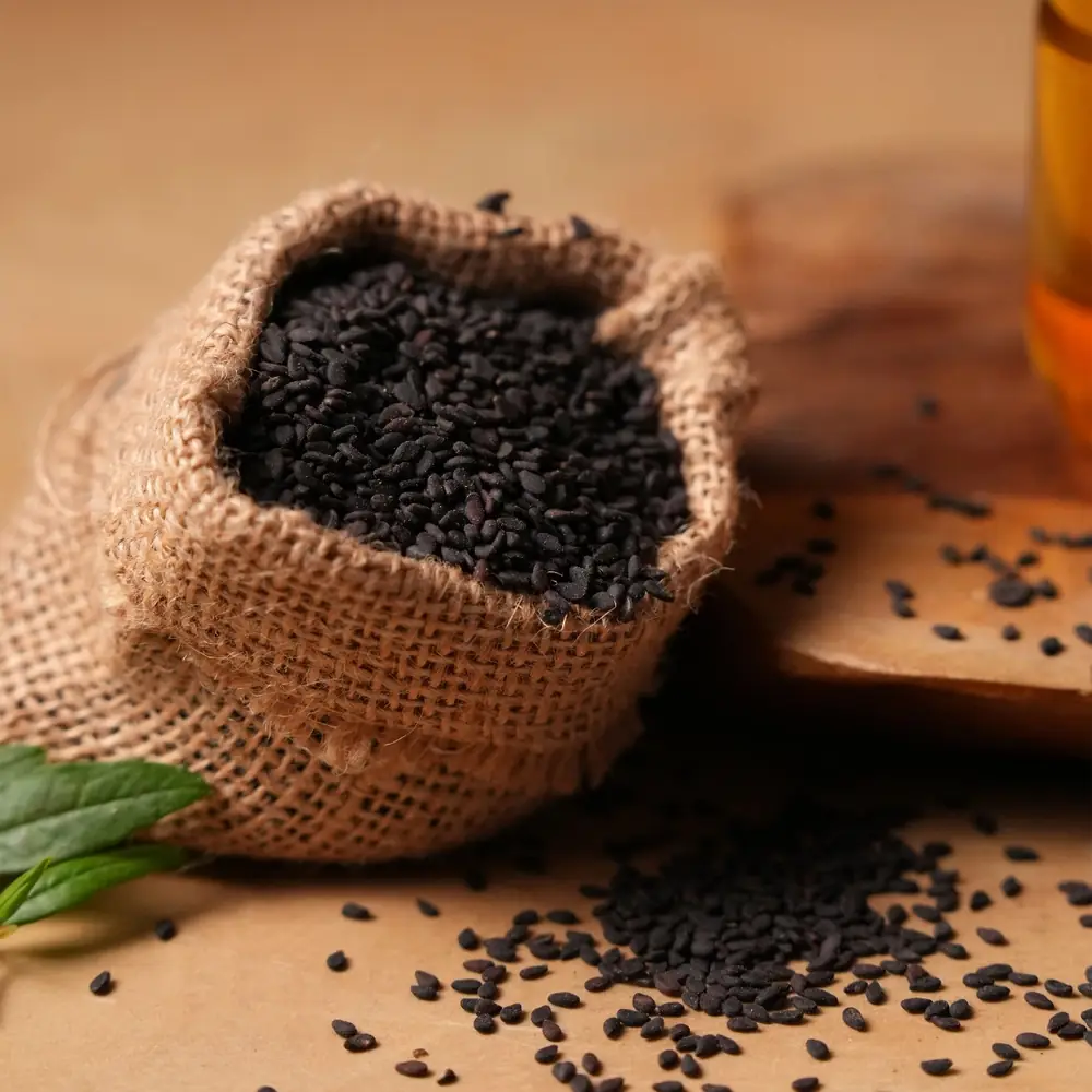 A sack of dark sesame seeds
