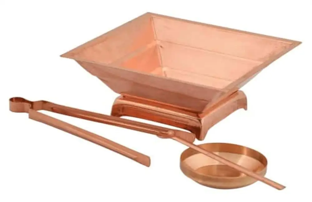 Copper Agnihotra kit with kund, plate, spoon and tongs