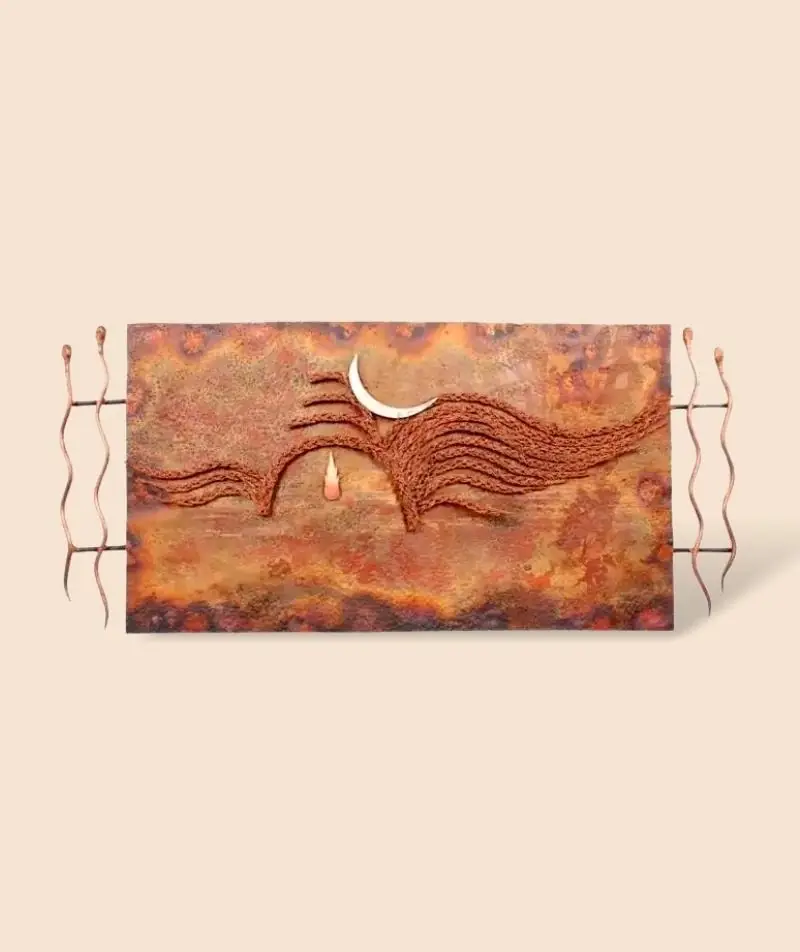 Copper Shiva wall panel with a crescent moon and serpent lines