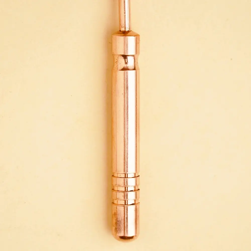 Close view of the ridged copper handle