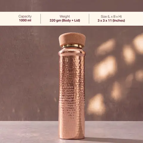 The bottle with a strip across the top listing capacity, weight and size