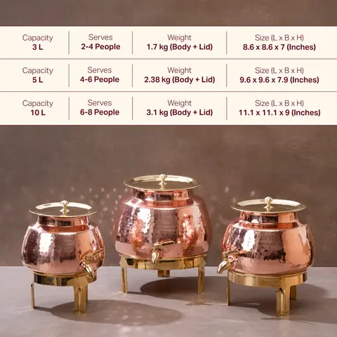 Three dispenser sizes side by side, with a table of sizes across the top