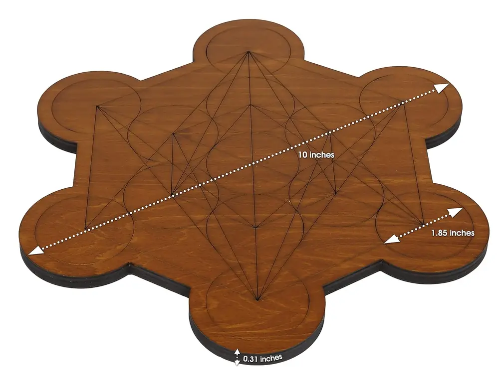 Wooden Metatron's Cube board with crystals laid on it