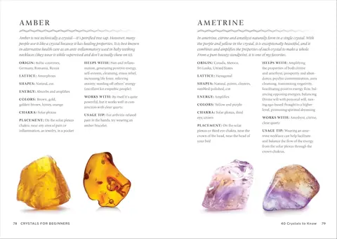 Inside pages showing amber, amethyst and other crystal profiles