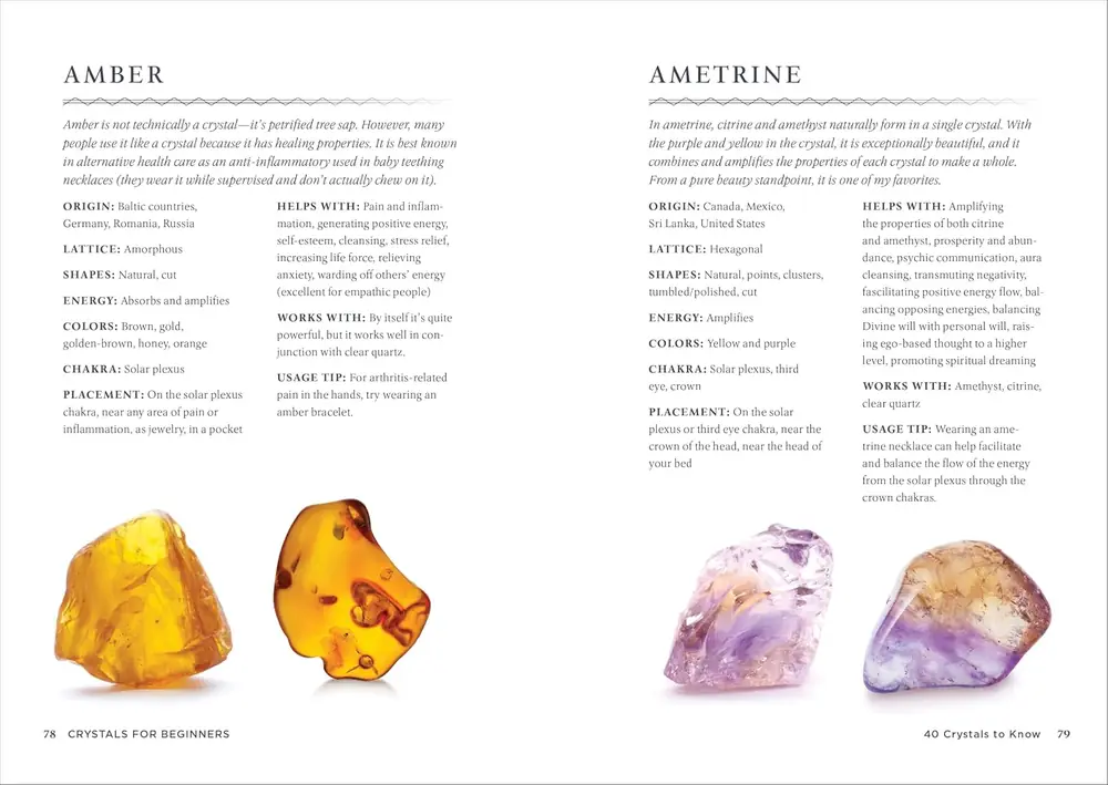Inside pages showing amber, amethyst and other crystal profiles