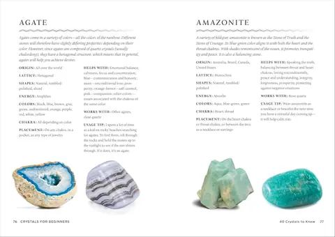 Inside pages showing agate, amazonite and other crystal profiles