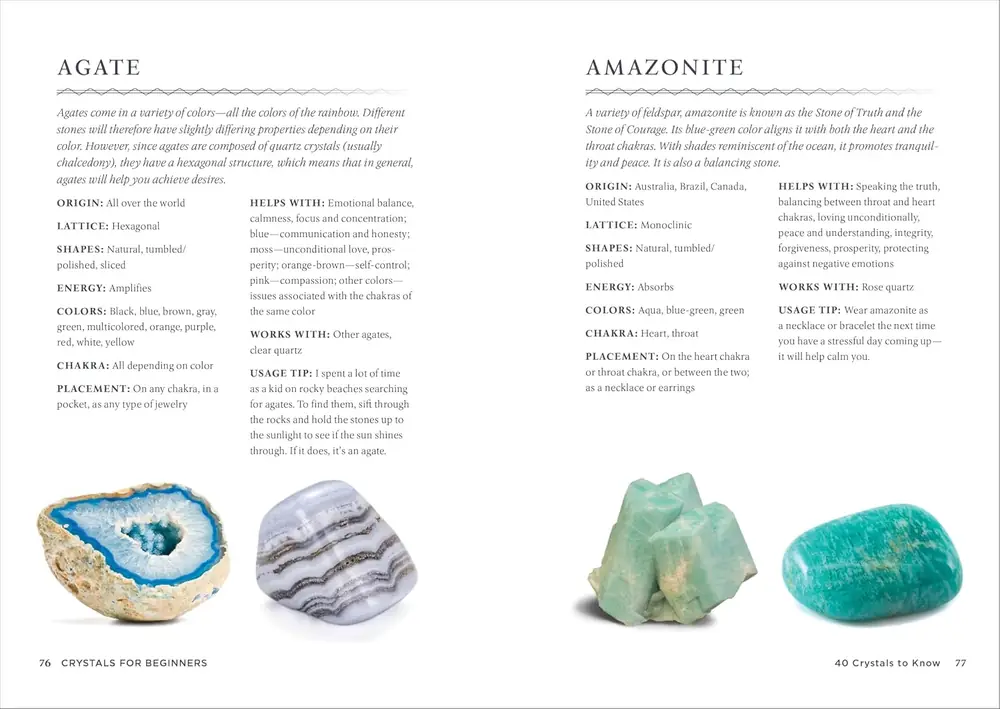 Inside pages showing agate, amazonite and other crystal profiles