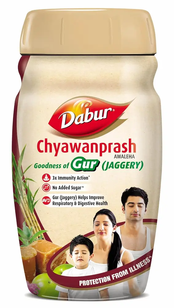Front of the Dabur Chyawanprash Awaleha jar with gur