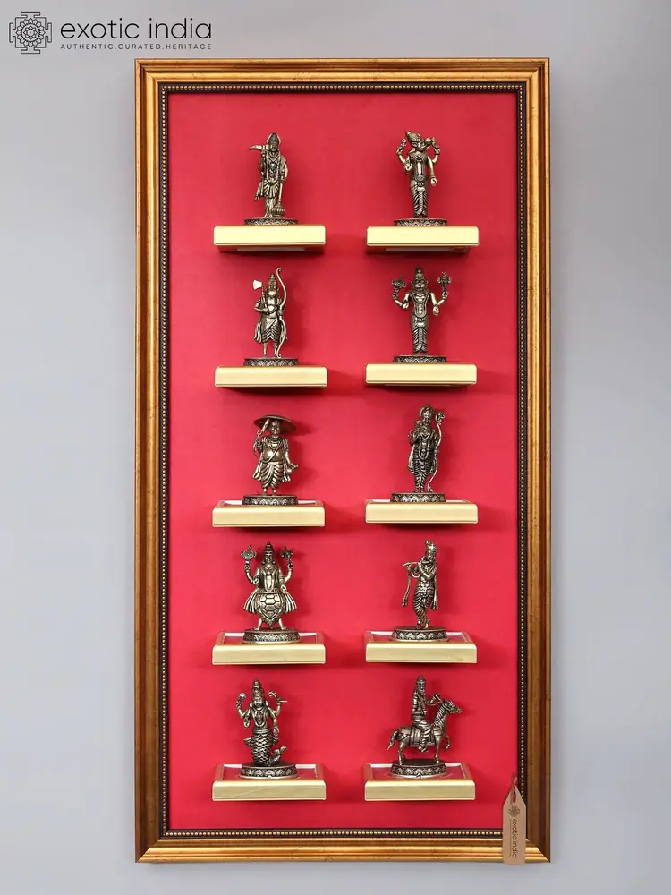 Framed Dashavatara wall hanging with ten brass figures