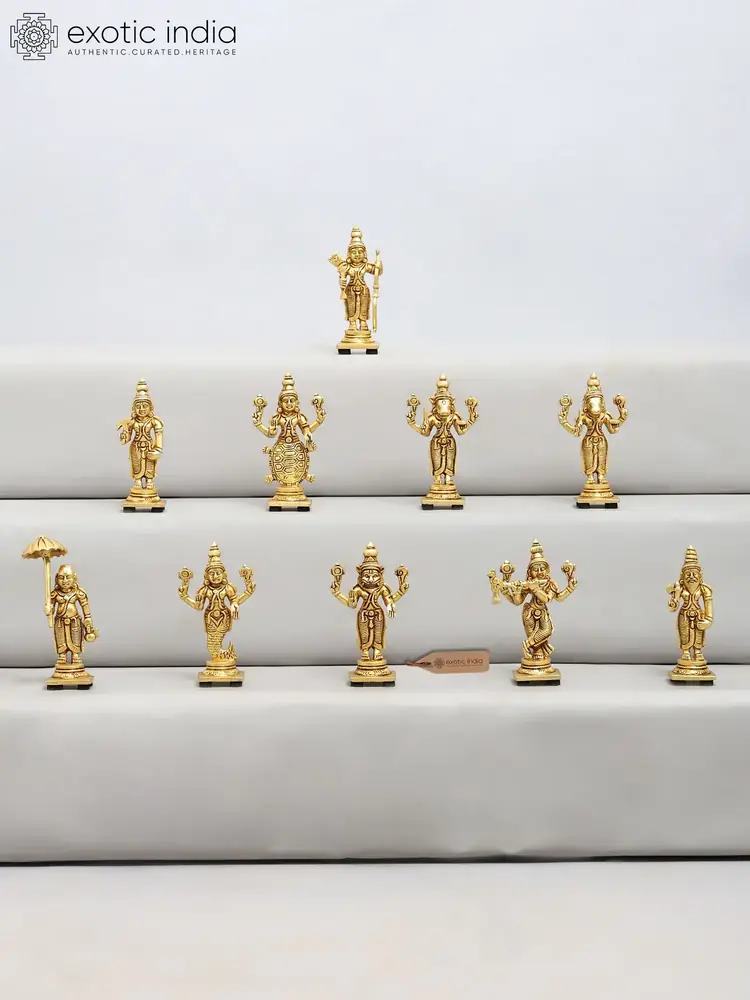 The ten brass Dashavatara figures arranged on steps