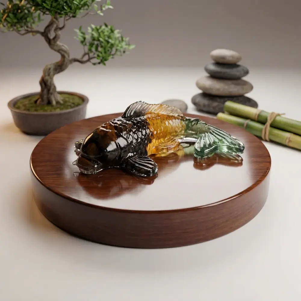 Fish figure on a round base beside a bonsai and stones
