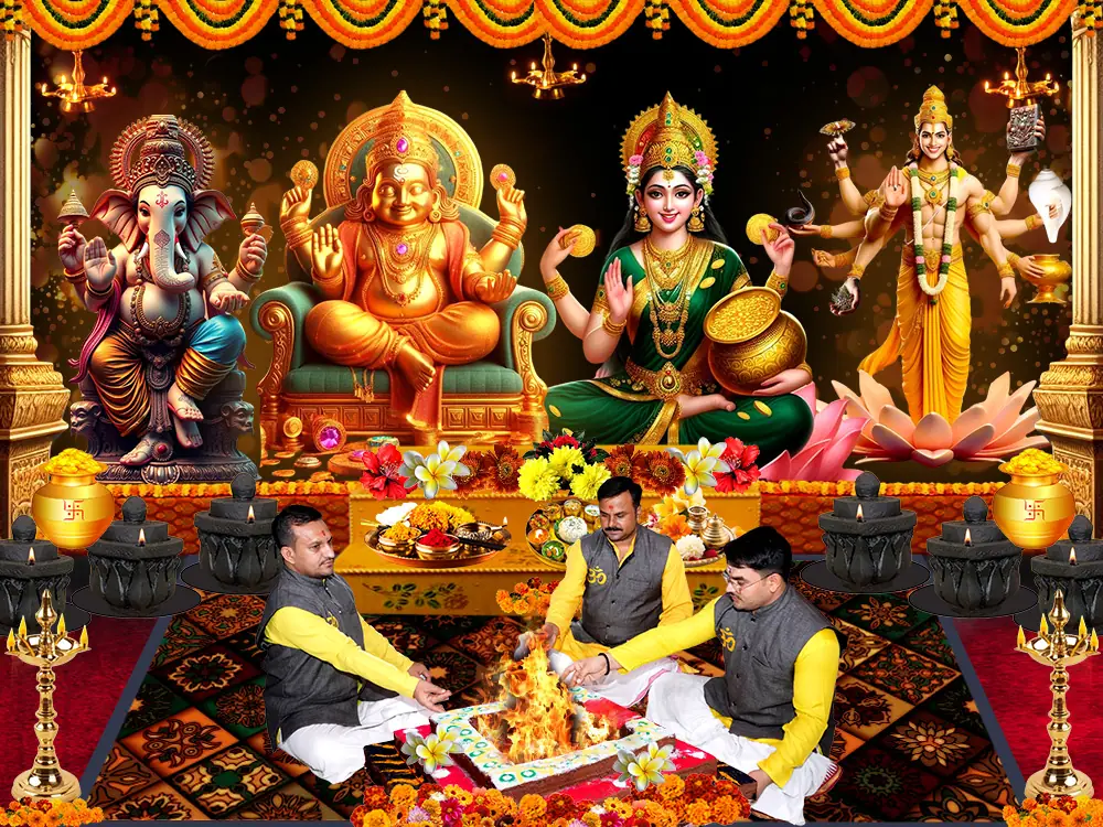 Illustration of the deity with priests at a puja, not a photograph