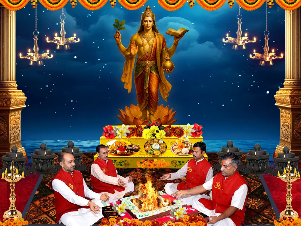 Illustration of Dhanvantari with priests seated at a havan below