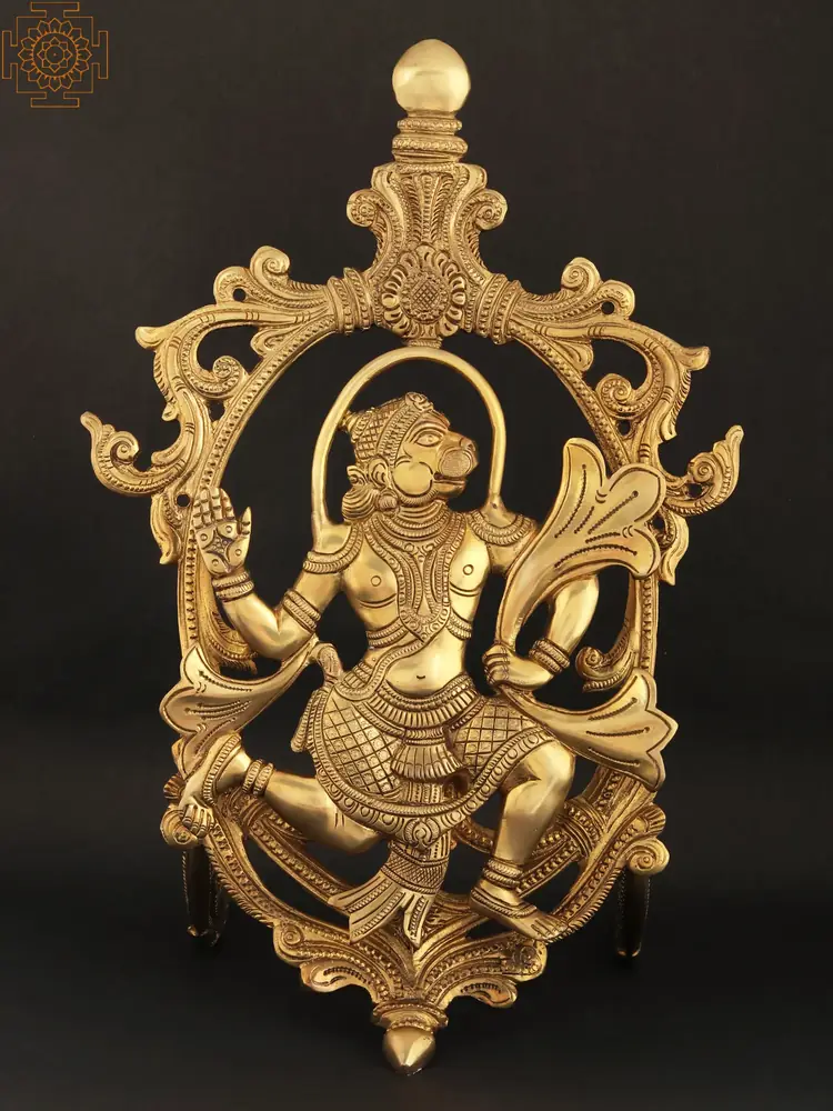 Brass Hanuman inside the ornate oval frame