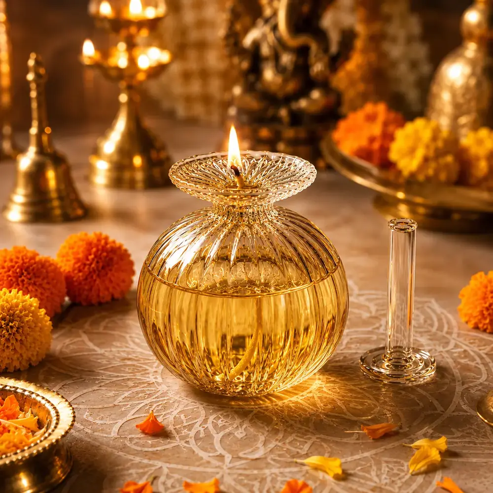 Glass diya with a lit flame among marigolds and puja items