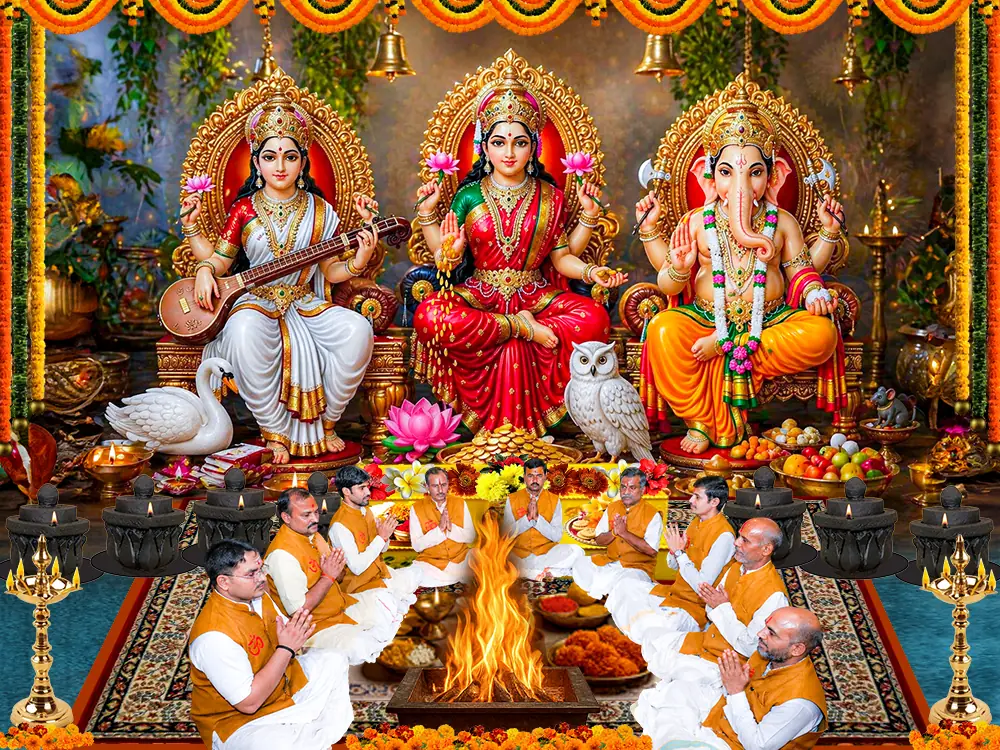 Illustration of the deity with priests at a puja, not a photograph