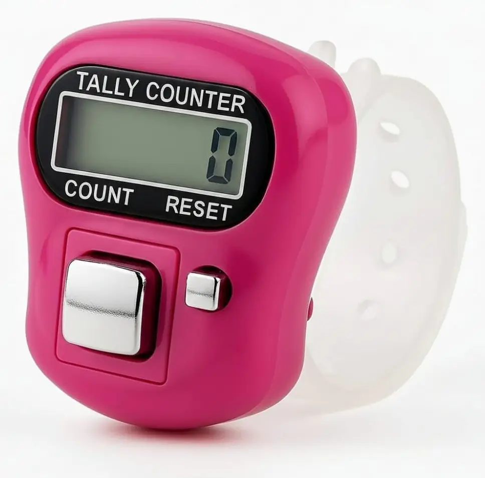 A pink finger tally counter with the digit display
