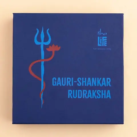 Closed blue box marked Gauri-Shankar Rudraksha