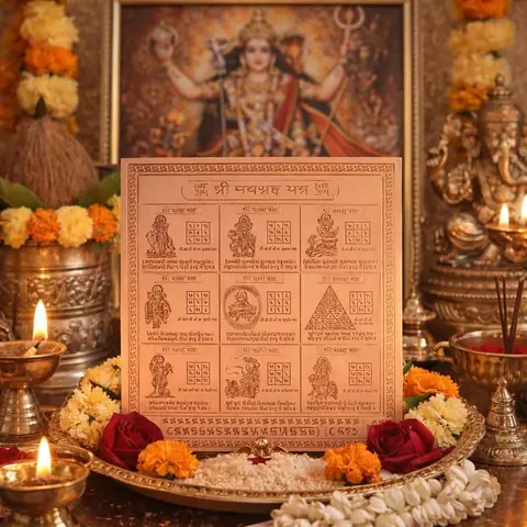 The yantra laid on a plate with flowers and lamps