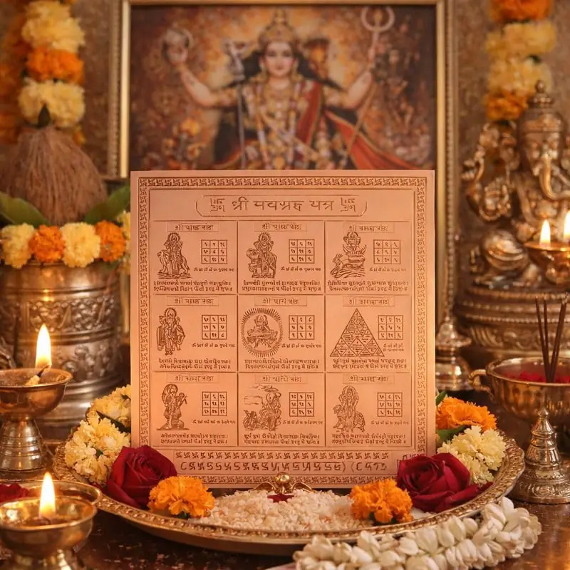 The yantra laid on a plate with flowers and lamps