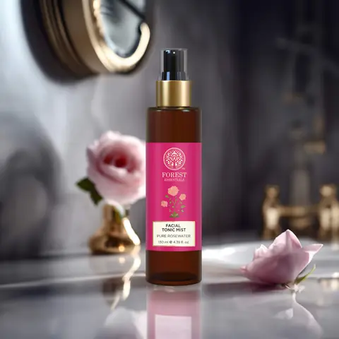 The bottle on a shelf with a pink rose beside it