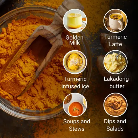 Serving ideas shown around a bowl of turmeric powder
