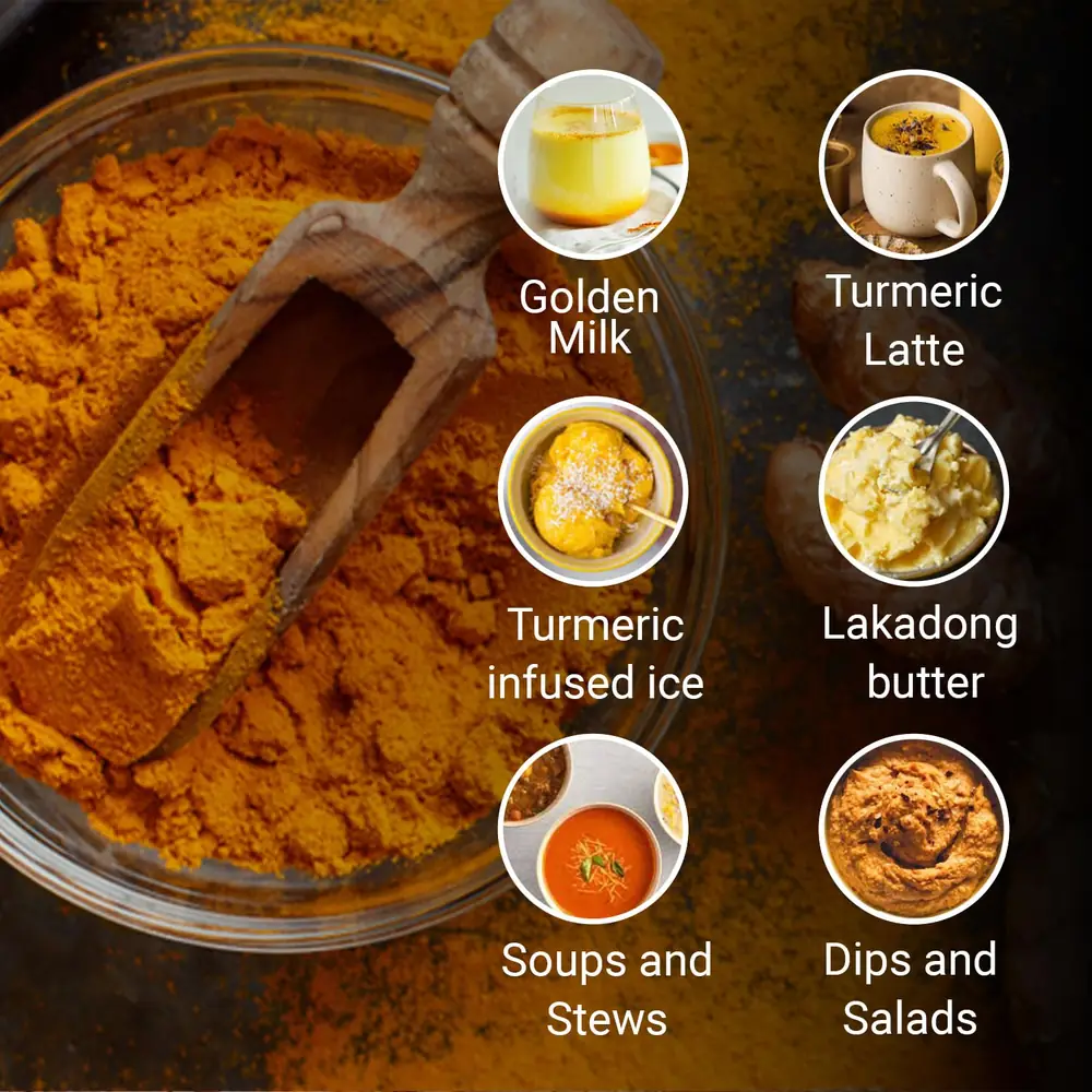 Serving ideas shown around a bowl of turmeric powder