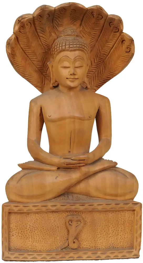 Seated carved wooden Tirthankara, front view