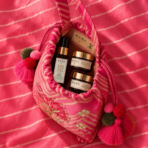 Open potli with products tucked inside