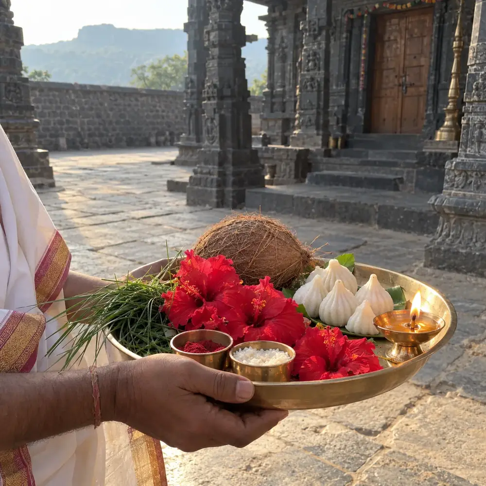 Hand holding a plate of red hibiscus, coconut and modak in front of a stone temple wall