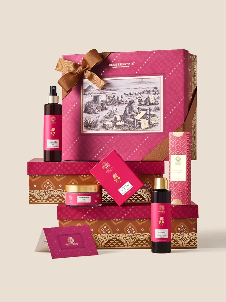 Pink Gauri gift box with rose bottles, soap and perfume