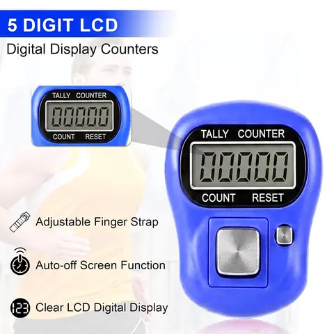 A blue counter with a close view of the display and strap